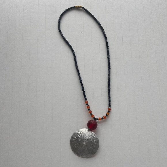 Black & Orange Beaded Necklace with Silver Medallion - Picture 2 of 5